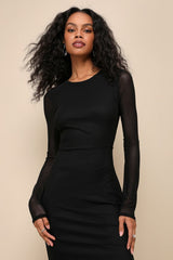 Pristine Poise Black Mesh Cutout Long Sleeve Maxi Dress