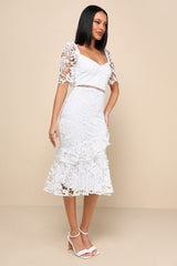 Briarwood White Lace Ruffled Midi Dress