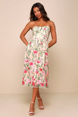 Endless Praise Beige Floral Embroidered Strapless Midi Dress