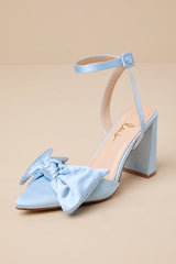 Suttonn Blue Satin Bow Ankle Strap Pointed-Toe Pumps