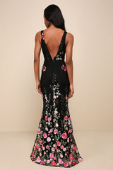 Soiree Blossom Black Floral Embroidered Mermaid Maxi Dress