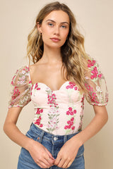 Essence of Elegance Pink Embroidered Floral Bustier Bodysuit