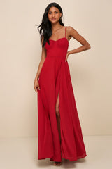 Cause for Commotion Red Pleated Bustier Maxi Dress