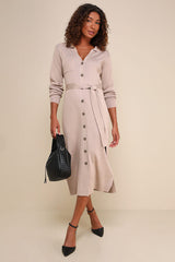 Charming Comfort Beige Collared Button-Up Sweater Dress