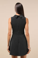 Totally Poised Black Pinstriped Collared Mini Dress With Pockets
