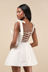 Glamorous Luxury Champagne Taffeta Bow Lace-Up Mini Dress