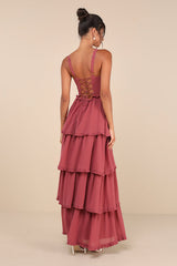 Sophisticated Occasion Rusty Rose Bustier Lace-Up Maxi Dress