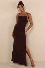 Complete Catch Brown Backless Lace Ruched Maxi Dress