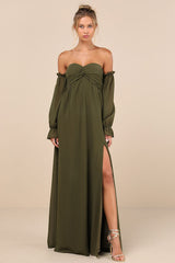 Glorious Invite Olive Green Knotted Off-the-Shoulder Maxi Dress
