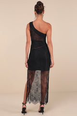 Sensational Flirt Black Sheer Lace One-Shoulder Maxi Dress