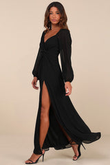 Composed Soiree Black Twist-Front Long Sleeve Maxi Dress