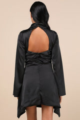 Sultry Elevation Black Satin Long Sleeve Cutout Mini Dress