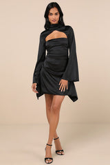 Sultry Elevation Black Satin Long Sleeve Cutout Mini Dress