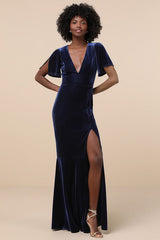 Elegant Evenings Navy Velvet Flutter Sleeve Trumpet Maxi Dress