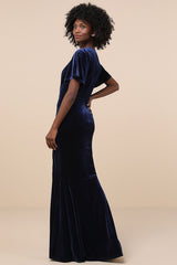 Elegant Evenings Navy Velvet Flutter Sleeve Trumpet Maxi Dress