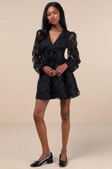 Gorgeous Outcome Black Mesh 3D Applique Long Sleeve Mini Dress