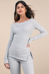 Talia Heather Grey Ribbed Long Sleeve Top