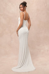 Stunning Vow White Beaded Sequin Maxi Dress