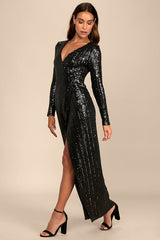 Love Lasts Forever Black Sequin Long Sleeve Maxi Dress