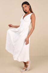 Lettie White Poplin Plunge Neck Midi Dress