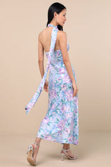Malani Light Blue Floral Satin Sash Midi Dress