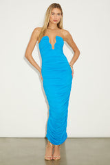 Daphina Bright Blue Cutout U-Bar Ruched Midi Dress