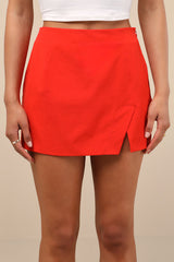 Briana Bright Red Notched Mini Skirt