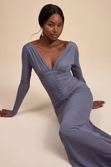 Georgina Slate Blue Jersey Knit Ruched Mermaid Maxi Dress