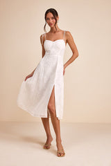 Loveliest Looks White Floral Jacquard Tie-Strap Midi Dress