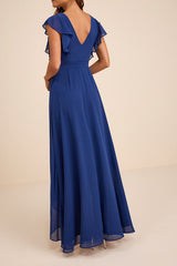 Ravishing Charm Dark Blue Ruffled Wrap High-Low Maxi Dress