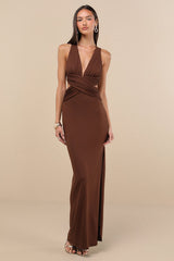 Alexandria Brown Backless Column Maxi Dress