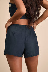 Sarella Navy Cotton High-Rise Embroidered Shorts