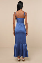 Enchanted Moments Blue Satin Ruffled High-Low Dress