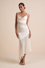 Enara Cream Satin Mesh Tie-Strap Asymmetrical Midi Dress