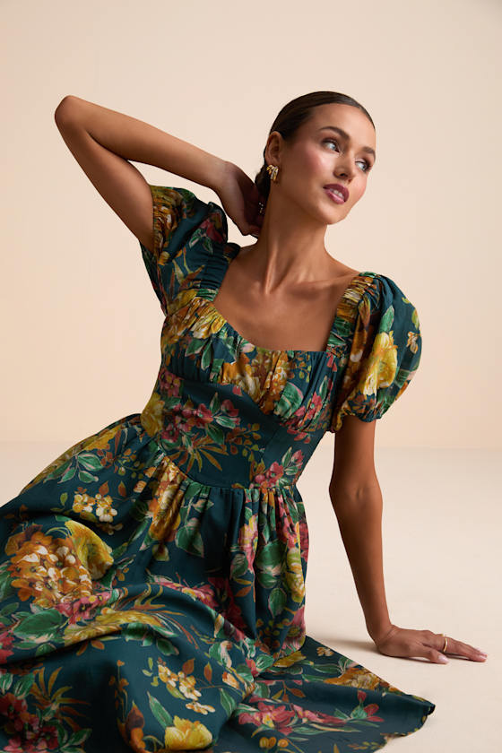 Adorable Tendencies Dark Teal Floral Puff Sleeve Midi Dress