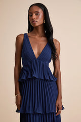 Mesmerizing Essence Navy Pleated Backless Tiered Maxi Dress