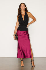 Chic Wishes Burgundy Satin Midi Skirt