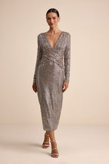 Helena Brown and Silver Sequin Long Sleeve Midi Dress