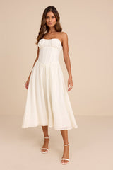 Aspen Ivory Plisse Strapless Bustier Midi Dress