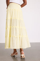 Cherish Light Yellow Eyelet Embroidered Tiered Maxi Skirt