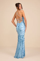 Photo Finish Light Blue Sequin Lace-Up Maxi Dress