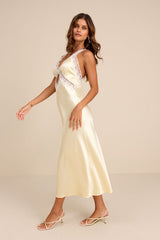 Camara Pale Yellow Satin Lace Slip Midi Dress
