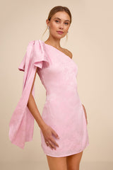 Jayda Light Pink Satin Jacquard One-Shoulder Sash Mini Dress