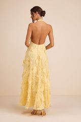 Kennia Light Yellow 3D Floral Embroidered Halter Maxi Dress