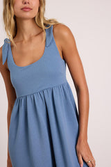 Cute Certainty Slate Textured Ribbed Knit Tie-Strap Mini Dress