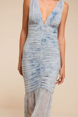 Jamie Light Blue Floral Mesh Sheer Hem Maxi Dress