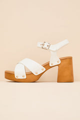 Yanni White Wooden Platform Ankle Strap Sandals