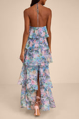 Melody Light Blue Floral Tiered Halter Maxi Dress