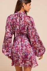 Andie Magenta Multi Abstract Floral Mock Neck Mini Dress