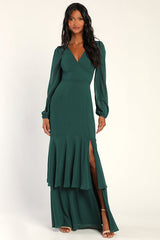 Tier Elegance Hunter Green Long Sleeve Tiered Maxi Dress